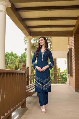 Dark blue hand embroidery art silk straight cut  kurta & 1