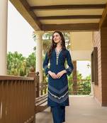Dark blue hand embroidery art silk straight cut  kurta &