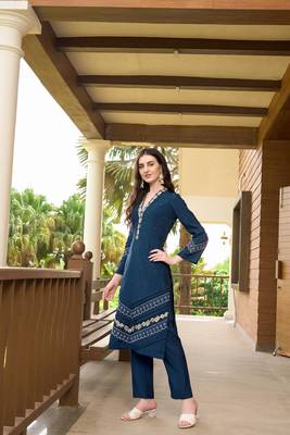 Dark blue hand embroidery art silk straight cut  kurta & 3