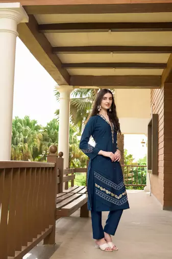 Dark blue hand embroidery art silk straight cut  kurta &