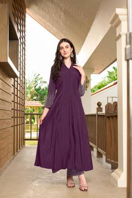 Violet hand embroidery art silk anarkali kurta & pants set 4