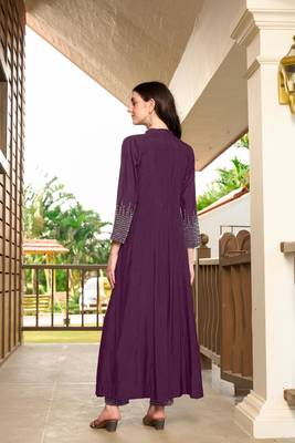 Violet hand embroidery art silk anarkali kurta & pants set 5