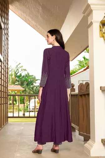 Violet hand embroidery art silk anarkali kurta & pants set