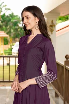 Violet hand embroidery art silk anarkali kurta & pants set 6