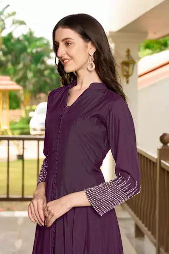 Violet hand embroidery art silk anarkali kurta & pants set