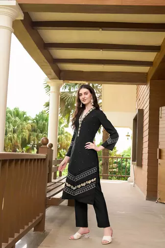 Black hand embroidery art silk straight cut  kurta &