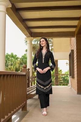 Black hand embroidery art silk straight cut  kurta & pants set 1