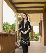 Black hand embroidery art silk straight cut  kurta & pants set