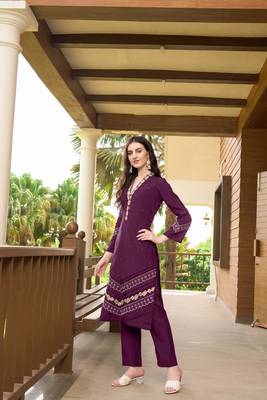 Violet hand embroidery art silk straight cut  kurta & 3