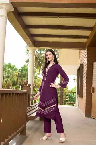Violet hand embroidery art silk straight cut  kurta &