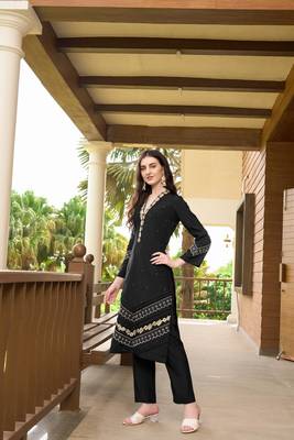 Black hand embroidery art silk straight cut  kurta & pants set 3