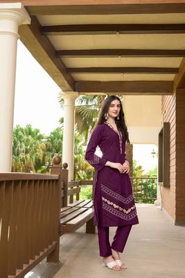 Violet hand embroidery art silk straight cut  kurta & 4