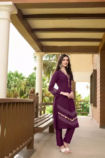 Violet hand embroidery art silk straight cut  kurta &