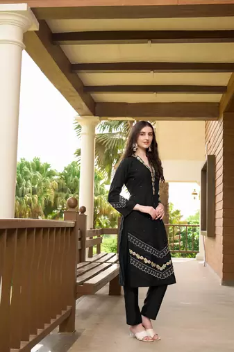 Black hand embroidery art silk straight cut  kurta & pants set