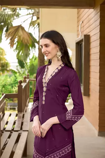 Violet hand embroidery art silk straight cut  kurta &
