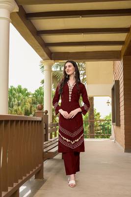 Maroon hand embroidery art silk straight cut  kurta & 1