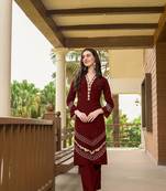 Maroon hand embroidery art silk straight cut  kurta &