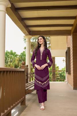 Violet hand embroidery art silk straight cut  kurta & pants set 1