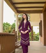 Violet hand embroidery art silk straight cut  kurta & pants set