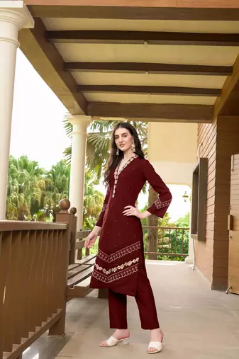 Maroon hand embroidery art silk straight cut  kurta &
