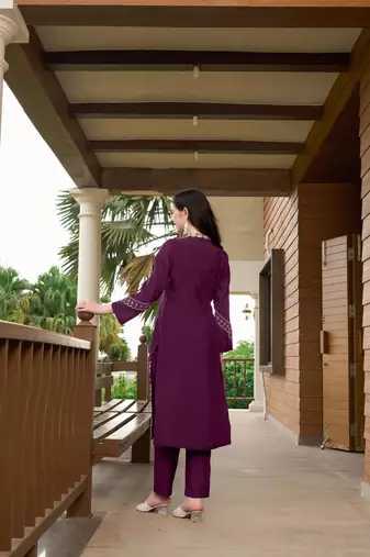 Violet hand embroidery art silk straight cut  kurta & pants set
