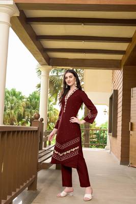 Maroon hand embroidery art silk straight cut  kurta & pants set 3