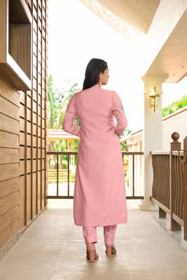 Light-pink hand embroidery art silk straight cut  kurta & 4