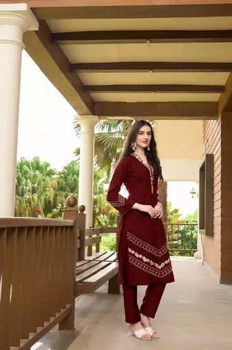 Maroon hand embroidery art silk straight cut  kurta & pants set