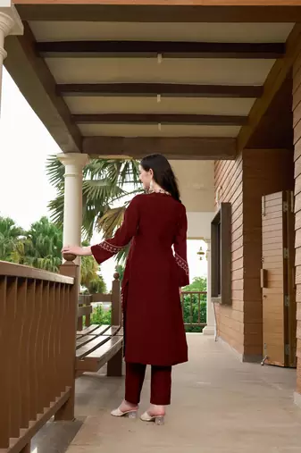 Maroon hand embroidery art silk straight cut  kurta & pants set
