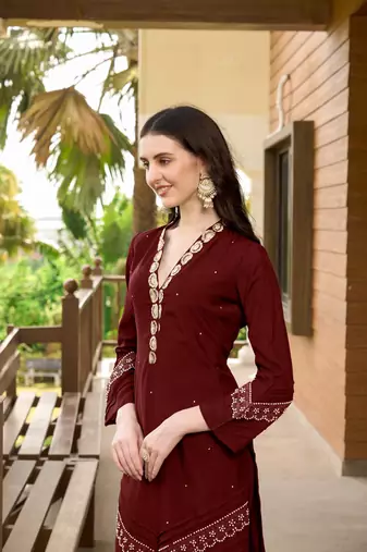 Maroon hand embroidery art silk straight cut  kurta & pants set