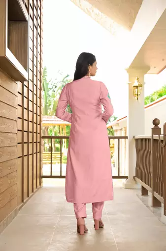 Light-pink hand embroidery art silk straight cut  kurta & pants set