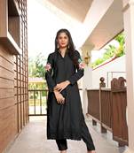 Black hand embroidery art silk straight cut  kurta & pants set