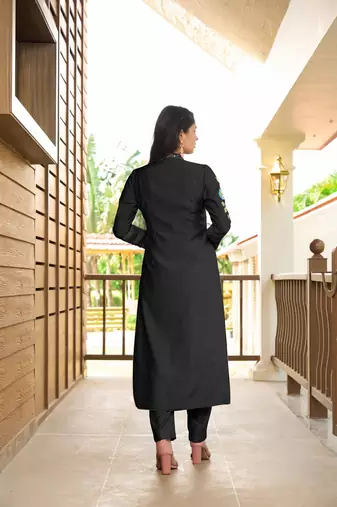 Black hand embroidery art silk straight cut  kurta & pants set