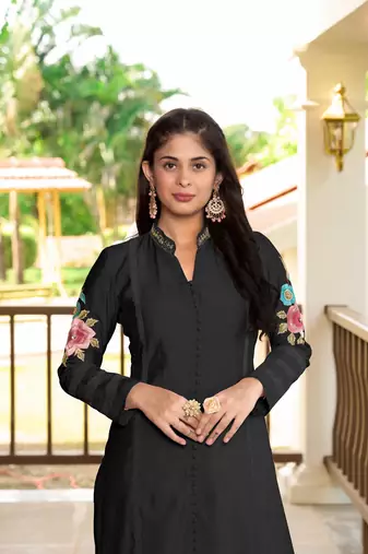 Black hand embroidery art silk straight cut  kurta & pants set