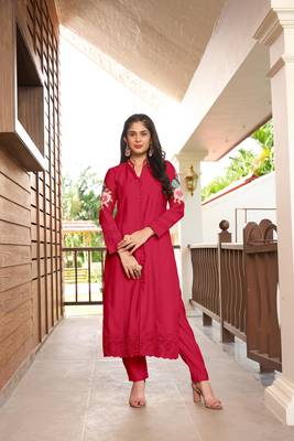 Pink hand embroidery art silk straight cut  kurta & pants set 1