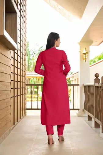Pink hand embroidery art silk straight cut  kurta & pants set