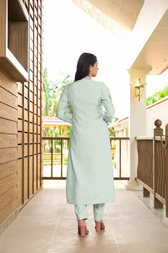Light-green hand embroidery art silk straight cut  kurta &