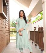 Light-green hand embroidery art silk straight cut  kurta & pants set