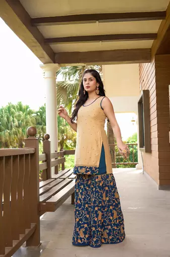 Beige resham embroidery cotton silk straight cut  kurta &