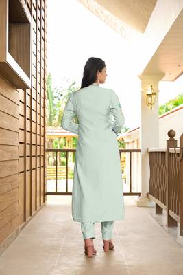 Light-green hand embroidery art silk straight cut  kurta & pants set 4