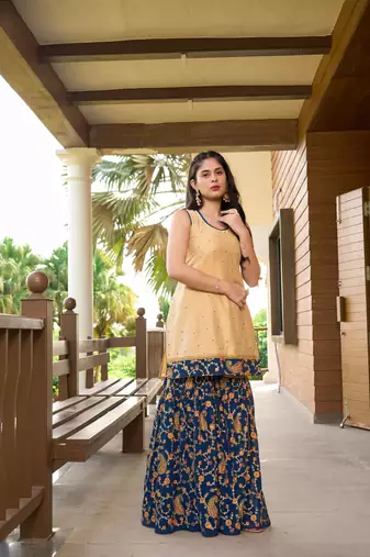 Beige resham embroidery cotton silk straight cut  kurta &