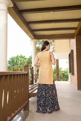 Beige resham embroidery cotton silk straight cut  kurta & sharara set 5