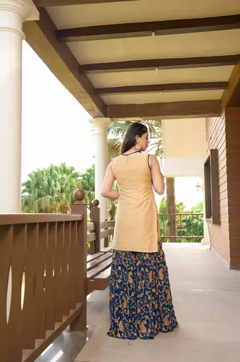 Beige resham embroidery cotton silk straight cut  kurta & sharara set