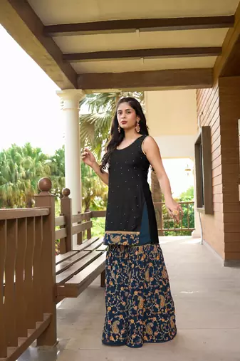 Black resham embroidery cotton silk straight cut  kurta &