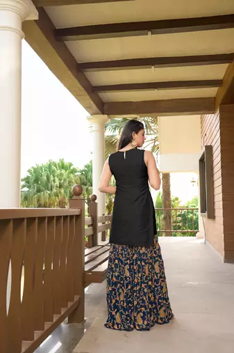 Black resham embroidery cotton silk straight cut  kurta &