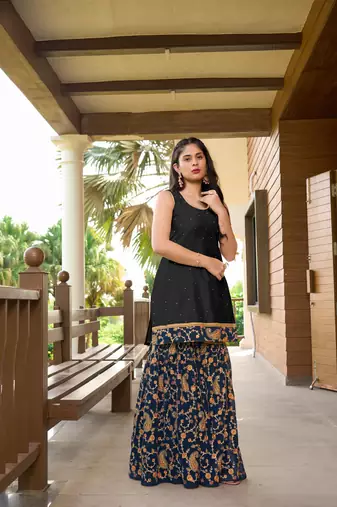 Black resham embroidery cotton silk straight cut  kurta & sharara set
