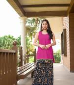 Pink resham embroidery cotton silk straight cut  kurta & sharara set
