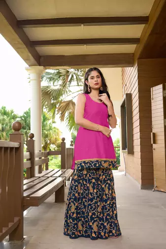 Pink resham embroidery cotton silk straight cut  kurta &