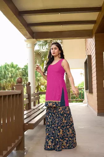 Pink resham embroidery cotton silk straight cut  kurta & sharara set