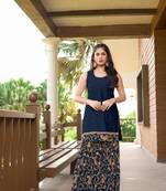 Blue resham embroidery cotton silk straight cut  kurta & sharara set